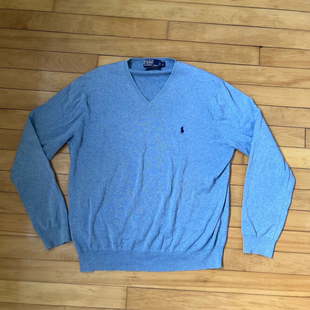Polo Ralph Lauren Mens V-Neck Sweater Light Blue Pima Cotton Pony Logo